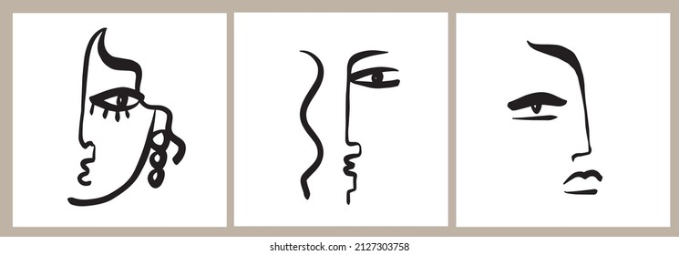 Set of templates in trendy style with one line face portrait, contemporary abstract art. Cubism face. Design for home decor, poster. Scandinavian style. Boho minimalism. 