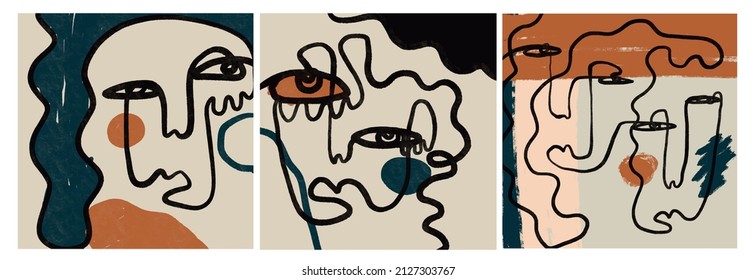 Set of templates in trendy style with one line face portrait, contemporary abstract art. Cubism face. Design for home decor, poster. Scandinavian style. Boho minimalism. 