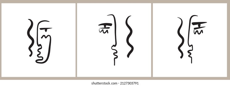 Conjunto de plantillas de estilo moderno con un retrato de una línea, arte abstracto contemporáneo. Cara cubista. Diseño de decoración casera, afiche. Estilo escandinavo. El minimalismo boho. 