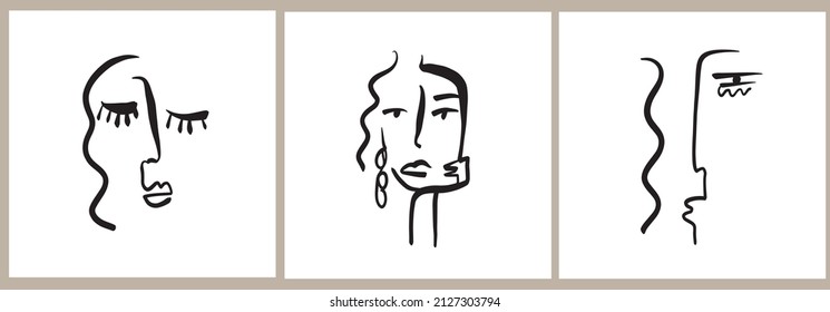 Set of templates in trendy style with one line face portrait, contemporary abstract art. Cubism face. Design for home decor, poster. Scandinavian style. Boho minimalism. 