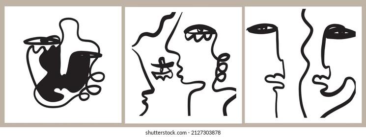 Set of templates in trendy style with one line face portrait, contemporary abstract art. Cubism face. Design for home decor, poster. Scandinavian style. Boho minimalism. 
