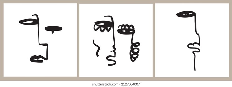 Set of templates in trendy style with one line face portrait, contemporary abstract art. Cubism face. Design for home decor, poster. Scandinavian style. Boho minimalism. 