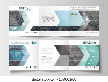 Set of templates for tri-fold brochures. Square design. Leaflet cover, flat layout, easy editable blank. Abstract business background, blurred image, urban landscape, modern stylish vector.