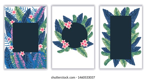 Set of templates ,tropical leaves and flowers ,vector illustration , for maps,posters and banners