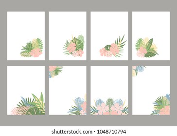 Set of  templates with tropical leaves and flowers.Vector illustration.