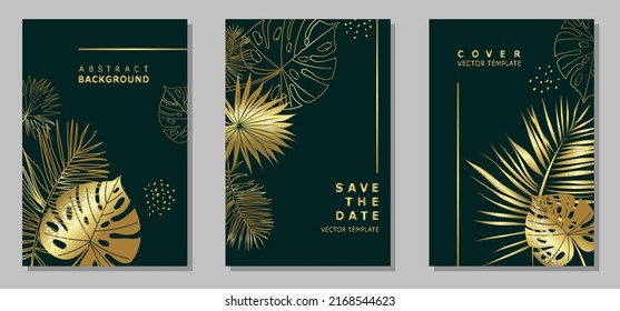 Set of templates with tropical leaves on a black background. Group of vertical covers with space for text. Plant elements and leaves in golden colors on a dark green background. Vector illustration.