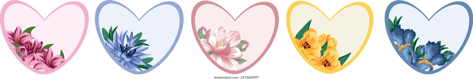 set of templates for valentines or cards in the shape of a heart with a floral design, namely a design of blue cornflowers, pink lilies, yellow tulips and blue irises