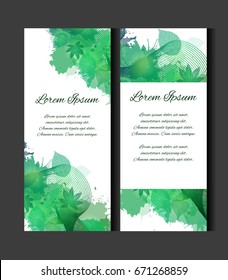 Set of templates of vertical blanks with green leaves, watercolor spray and place for  text. Vertical banners, leaflets, vouchers. Element for your design