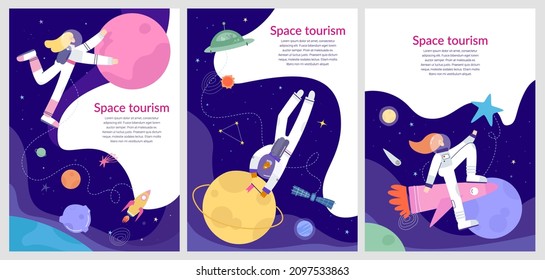 Set of templates, vertical web banners. Space tourism, travel, exploration. Hand drawn vector illustration 