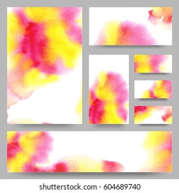 Set of templates with watercolor splashes. Holi paint texture. Abstract bright colorful banners collection. Rainbow colored cards design. Vector illustration