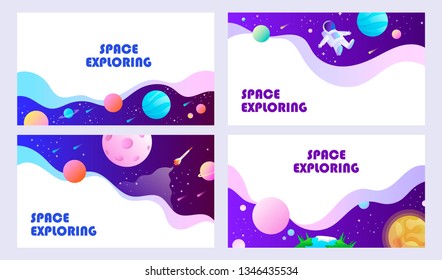 Set of templates for web banner, landing, card, flyer, presentation. Space explore. Children cartoon vector illustration.