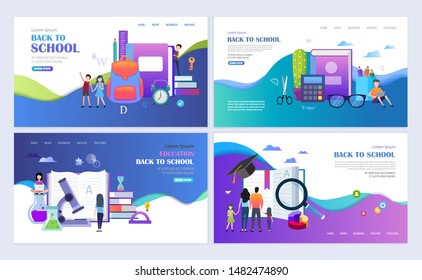 Set of templates web page design. Children with books and stationery. Education, back to school flat design concept. Web page design for website and mobile website. Vector illustration.
