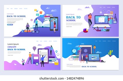 Set of templates web page design. Group of people with books and gadgets. Education, back to school modern flat design concept. Web page design for website and mobile website. Vector illustration.