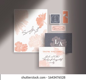 Set of templates for wedding backgrounds, greeting cards, flyer design.  Minimalist style. Delicate poppy flowers, one line drawing. Sun shadows background.