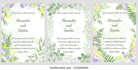 Set of templates for wedding invitation cards with floral design, vector illustrations.