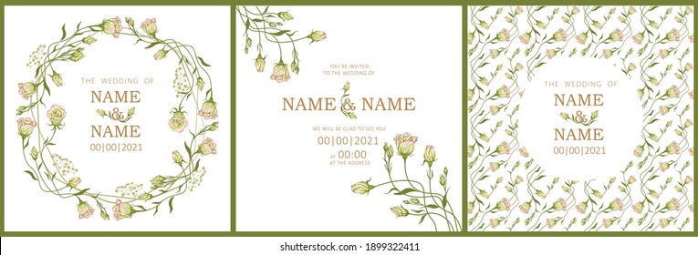 set of templates for wedding invitation with eustoma flowers, seamless patterns and borders, all elements are editable in vector on a white background
