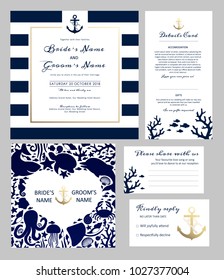 Set of templates for wedding invitation, postcard, information list, respond, reply with nautical theme illustration