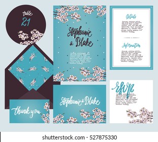 Set of templates  for wedding invitation, postcard, information list, respond, reply and design for envelope with  cherry flowers ornament on blue background