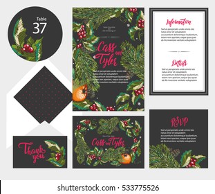 Set of templates  for wedding invitation, postcard, information list, respond, reply and design for envelope with  fir-trees branches ornament on dark background