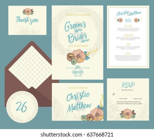 Set of templates  for wedding invitation, postcard, information list, respond, reply and design for envelope with  hand drawn doodle wreath and fantasy flowers background