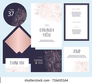 Set of templates  for wedding invitation, postcard, information list, respond, reply and design for envelope with  sunflower ornament