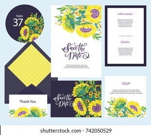 Set of templates  for wedding invitation, postcard, information list, respond, reply and design for envelope with  sunflower rustic ornament