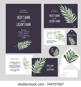 Set of templates  for wedding invitation, postcard, information list, respond, reply and design for envelope with  hand drawn palm leaves