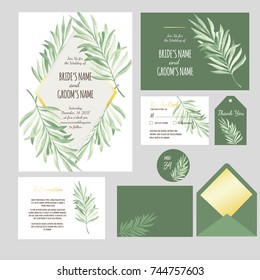 Set of templates  for wedding invitation, postcard, information list, respond, reply and design for envelope with  palm tree leaves and golden accents