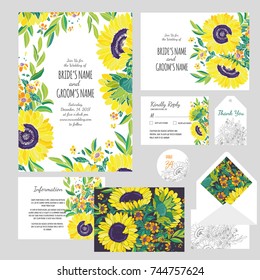 Set of templates  for wedding invitation, postcard, information list, respond, reply and design for envelope with  hand drawn sunflower composition