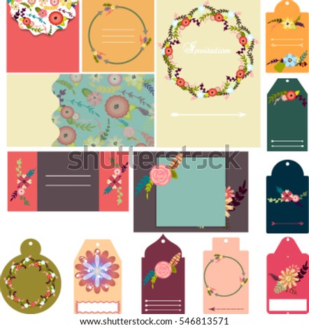 Set of templates for wedding invitations, cards,labels, tags with floral decorative elements