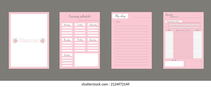A set of templates for weekly, monthly and daily planner, notepad, diary. A4 format is ready for printing. An empty page of a separate sheet for records.