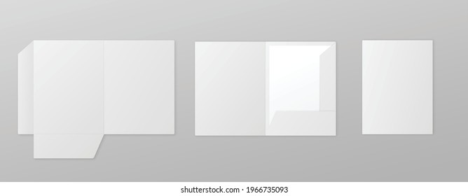 Set templates of white paper folder with blank titular cover, realistic vector illustration isolated on grey background. Folded and unfolded paper file.