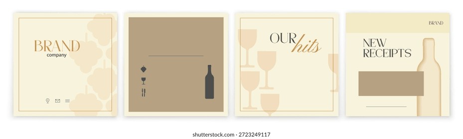 Conjunto de Plantillas para la presentación de la tienda de vinos. Plantilla minimalista, carrusel de historia con uvas blancas sobre un fondo.