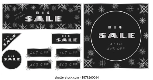 Set of templates for the winter sale. Banner and banner elements design. Silver text on black background. 