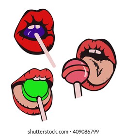 A set of templates . Woman licking lollipop. Vector.