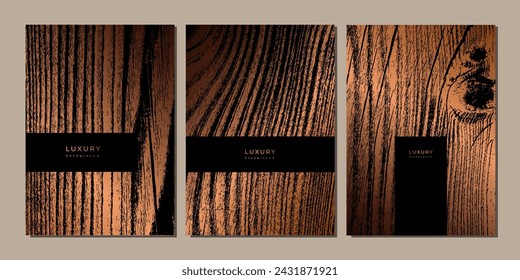 Set of templates with wooden texture. Luxury golden background with wood annual rings texture. Banner with dry tree pattern. Stamp of tree trunk in section. Black and bronze marble background