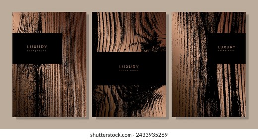 Set of templates with wooden texture. Luxury golden background with wood annual rings texture. Banner with dry tree pattern. Stamp of tree trunk in section. Black and bronze marble background