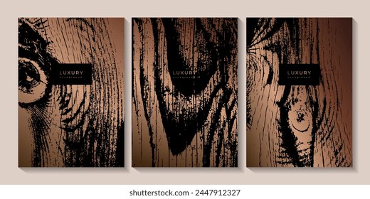 Set of templates with wooden texture. Luxury golden background with wood annual rings texture. Banner with dry tree pattern. Stamp of tree trunk in section. Black and bronze marble background