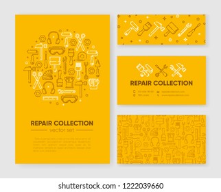 Set of templates with working tools for home repair, building, construction, renovation. Design element, outline set, icons of industrial equipment. Vector illustration. Bright yellow color.