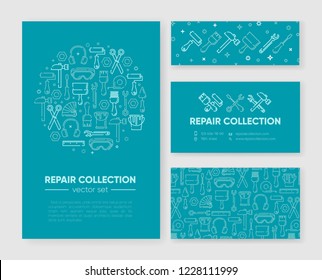 Set of templates with working tools for home repair, building, construction, renovation. Design element, outline set, icons of industrial equipment. Vector illustration. Bright turquoise color.