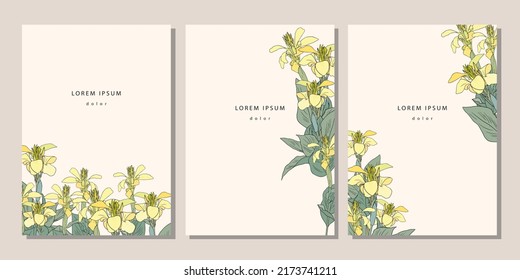 Set of templates with yellow canna lily. Covers, posters with floral pattern elements