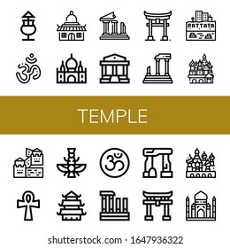 Set of temple icons. Such as Mai thai, Om, Temple, Taj mahal, Ruins, Parthenon, Torii, Pattaya, Cathedral of saint basil, Great wall of china, Ankh, Faravahar, Evora , temple icons