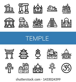 Set of temple icons such as Ruins, Parthenon, Dolmen, Ruined, Synagogue, Cathedral of saint basil, Mayan pyramid, Taj mahal, Torii, Ankh, Temple, Great wall of china , temple