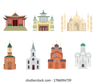 Eine Reihe von Tempeln verschiedener Religionen. Einzeln Vektorbild auf weißem Hintergrund. Clipart. christlicher, orthodoxer, buddhistischer Tempel, Moschee.