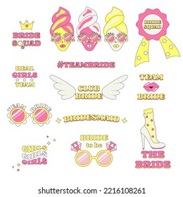 Set of Temporary Tattoo or Stickrs for Bridesmaids Club Bride Team Squad Hen Bachelorette Party Illustration in Groovy Style