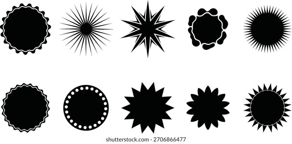 Set of ten abstract black shapes on a white background. Decorative elements, design assets, and artistic flourishes. Vector illustration.