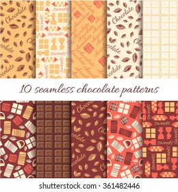 Set of ten abstract  chocolate seamless patterns (tiling). Monochrome brown color. Endless texture can be used for printing onto fabric and paper or scrapbooking. Square shapes. Chocolate bar.
