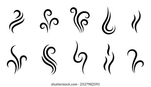 A set of ten abstract decorative swirl icons in black and white, perfect for design and decorative elements.