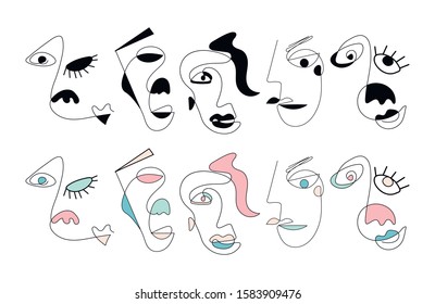 Set of ten abstract face one line drawing. Portrait minimalistic style. Fine one line drawing abstract face. One line drawing abstract faces. Modern continuous line art