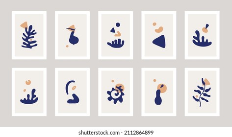 Conjunto de diez afiches abstractos dibujando al estilo Henry Matisse. Formas naturales, corales de color azul y amarillo.